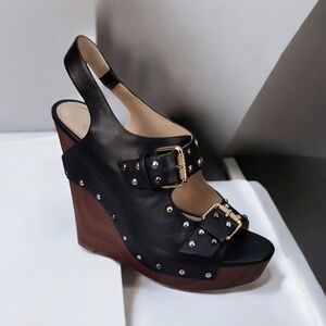 Black Studded  Leather Platform Wedge Sandals